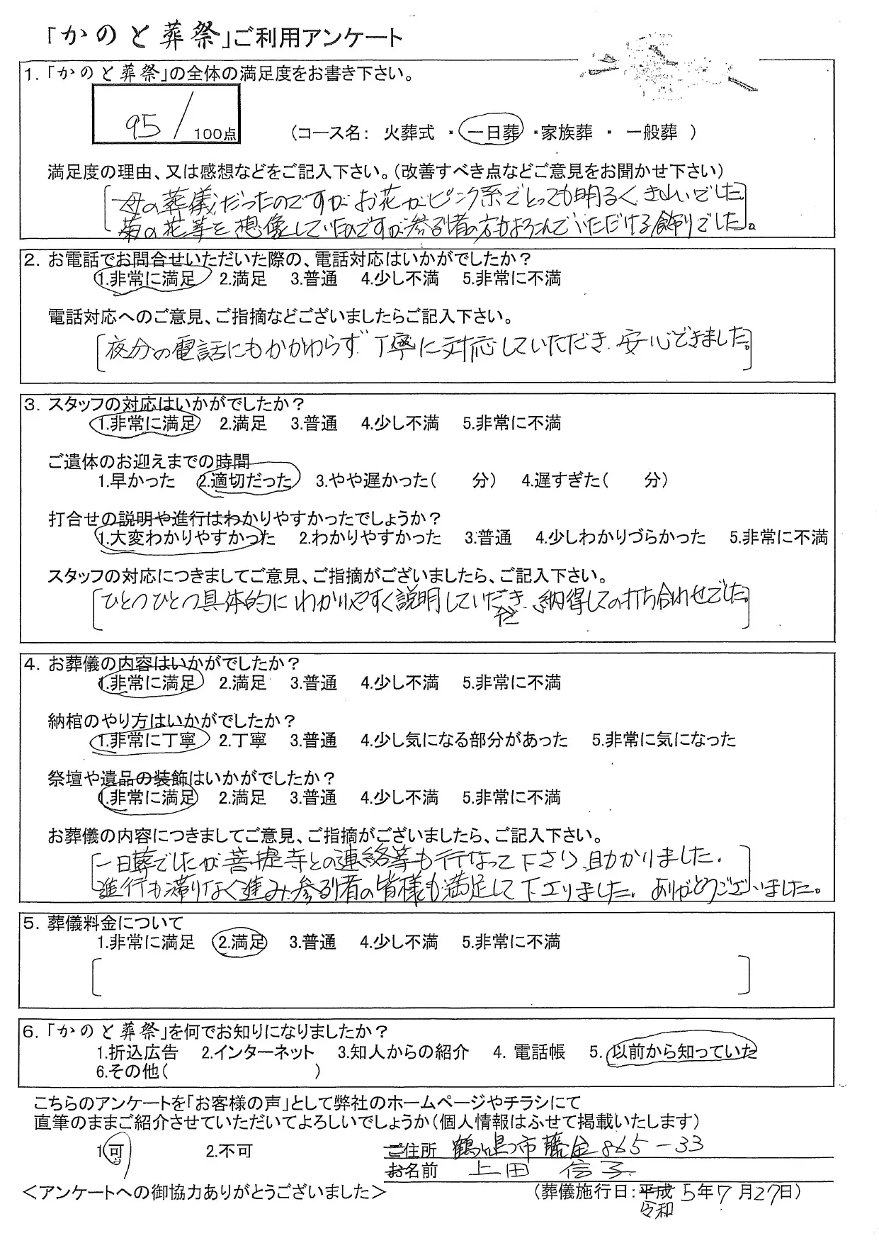 お客様の声 鶴ヶ島市 一日葬 お葬儀