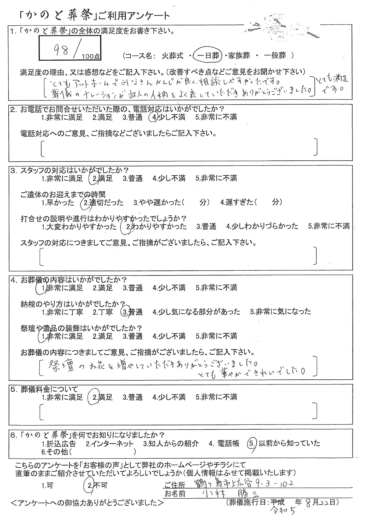 お客様の声 鶴ヶ島市 一日葬 お葬儀