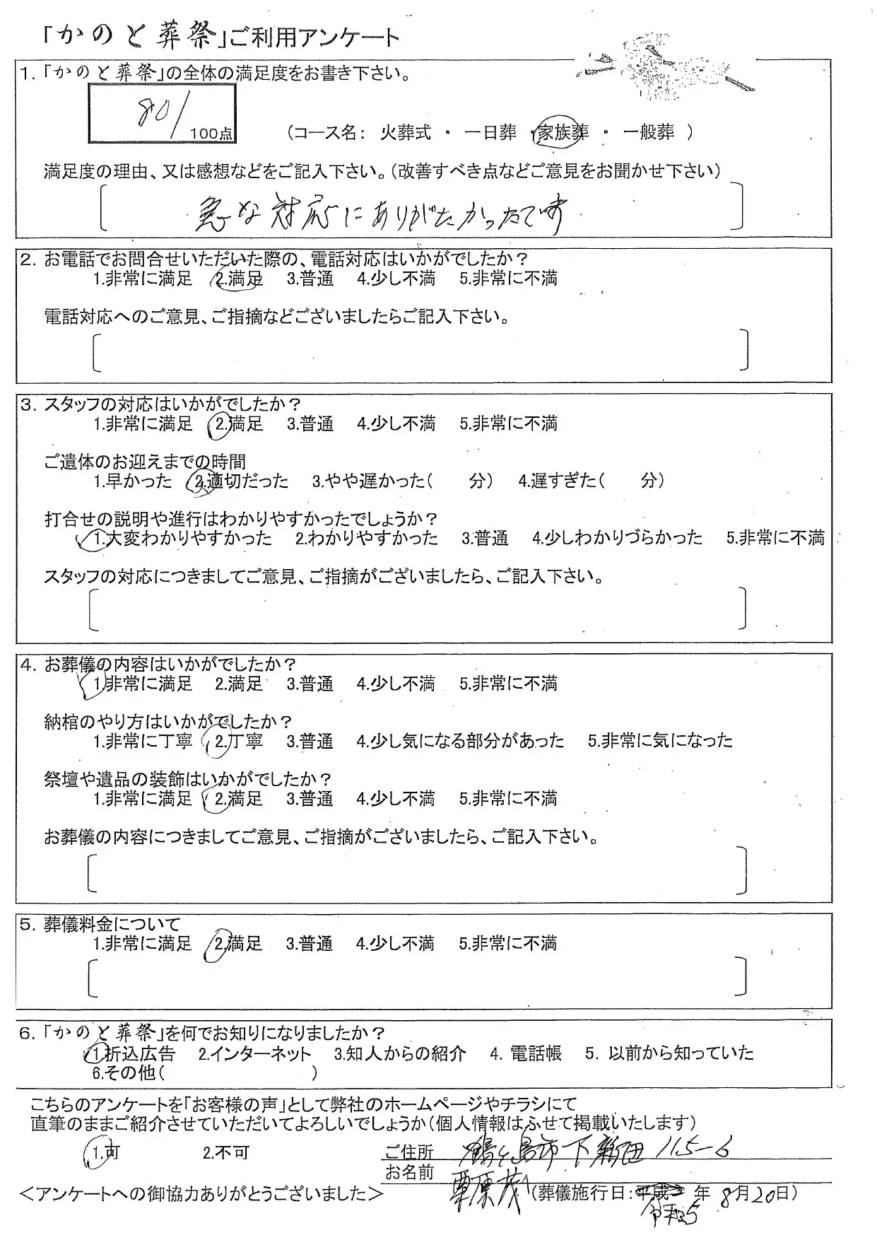 お客様の声 鶴ヶ島市 家族葬 お葬儀