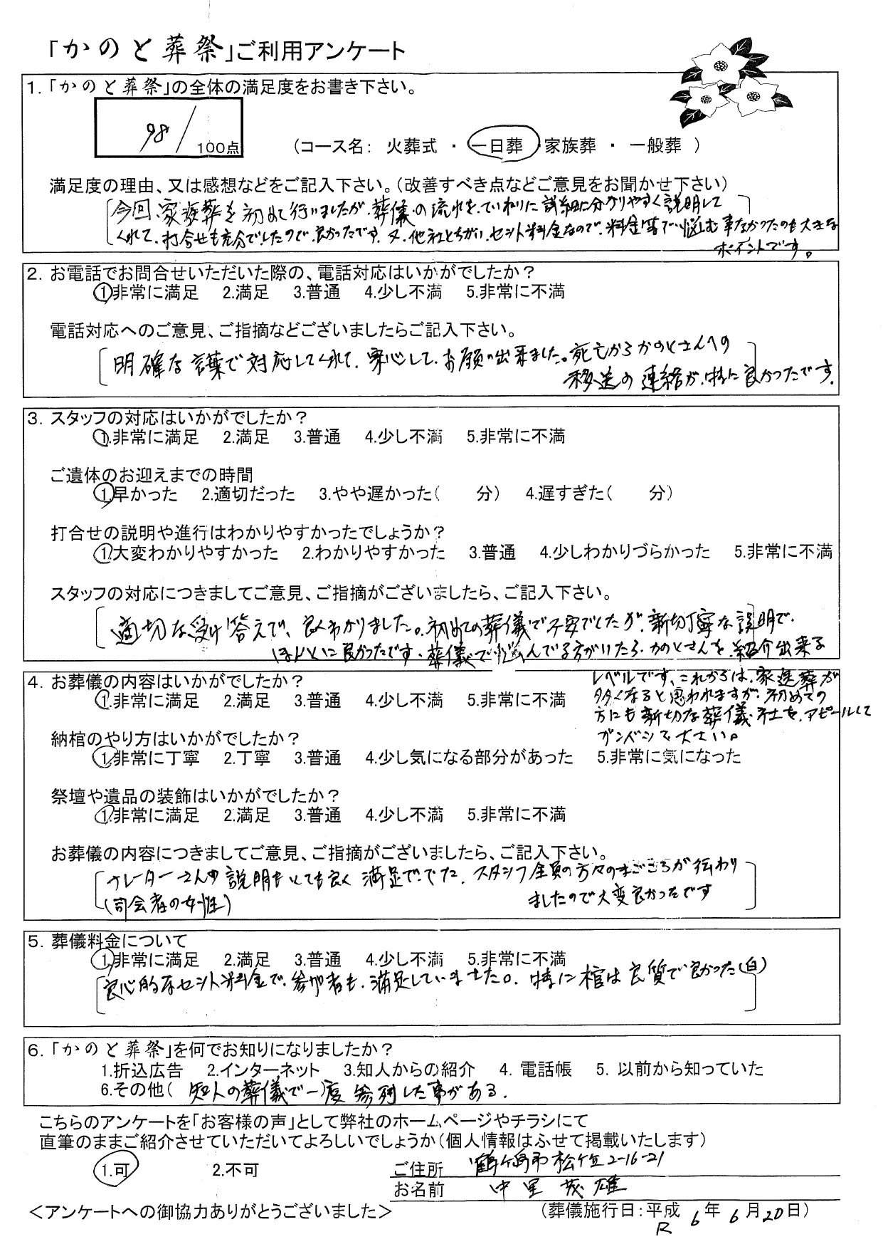 お客様の声 鶴ヶ島市 一日葬 お葬儀